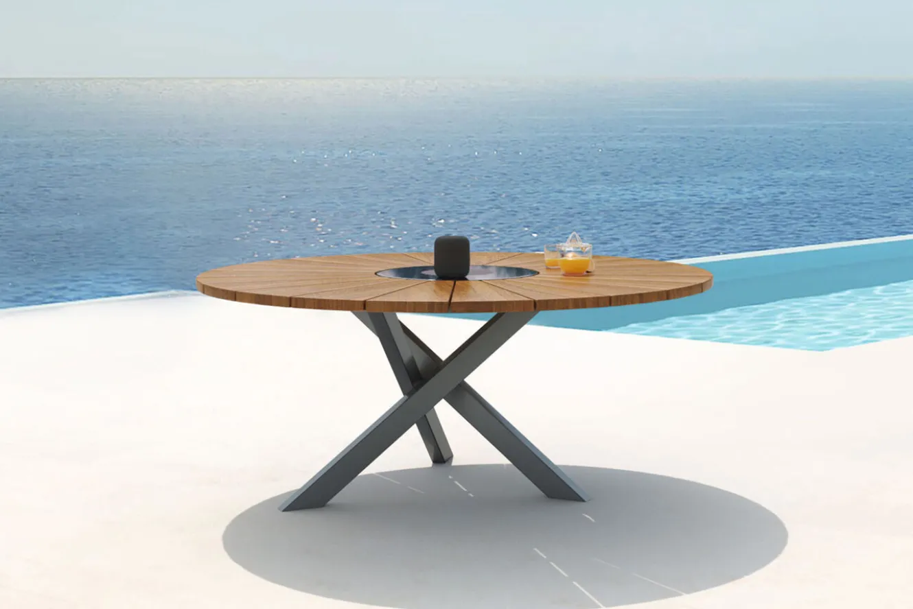 OUTFLEXX Esstisch, Edelstahl/Teakholz, Ø 170cm, inkl. drehbarer Granitplatte und Eiskühler, FSC®-zertifiziertes Produkt