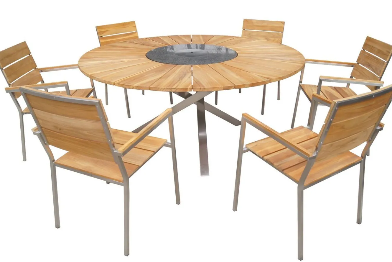 OUTFLEXX Esstisch, Edelstahl/Teakholz, Ø 170cm, inkl. drehbarer Granitplatte und Eiskühler, FSC®-zertifiziertes Produkt