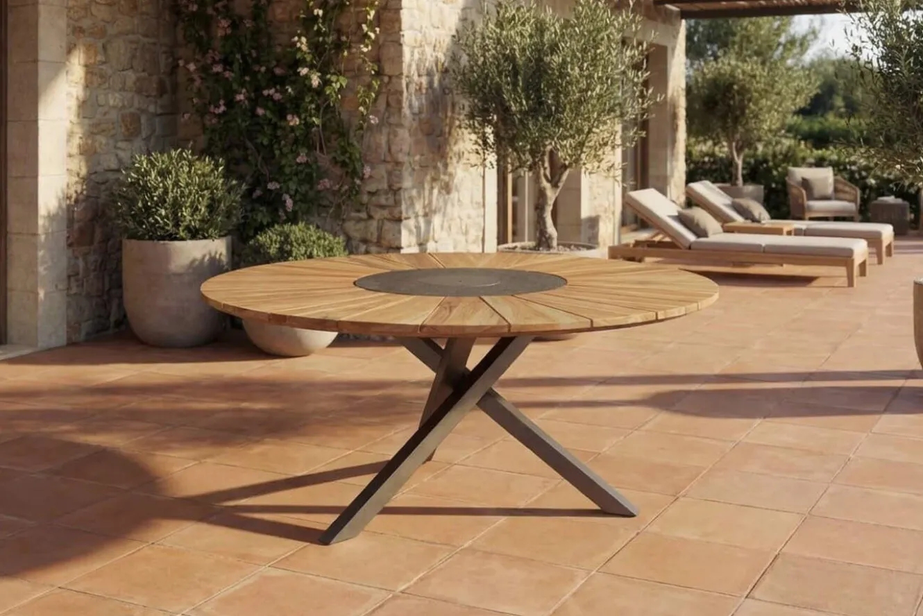 OUTFLEXX Esstisch, Edelstahl/Teakholz, Ø 170cm, inkl. drehbarer Granitplatte und Eiskühler, FSC®-zertifiziertes Produkt