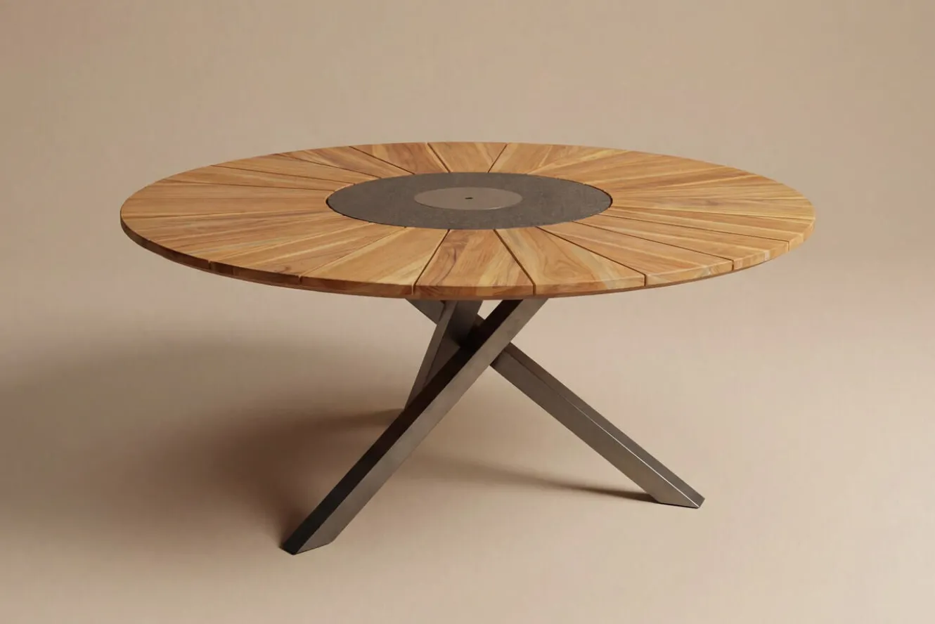 OUTFLEXX Esstisch, Edelstahl/Teakholz, Ø 170cm, inkl. drehbarer Granitplatte und Eiskühler, FSC®-zertifiziertes Produkt