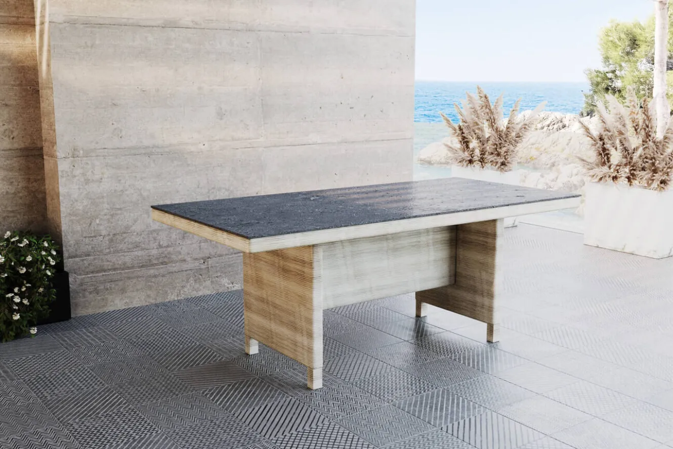 OUTFLEXX Esstisch, grau/dessert-beige, Alu/bedrucktes Glas, 200 x 95 cm, witterungsbeständig, kratzfest