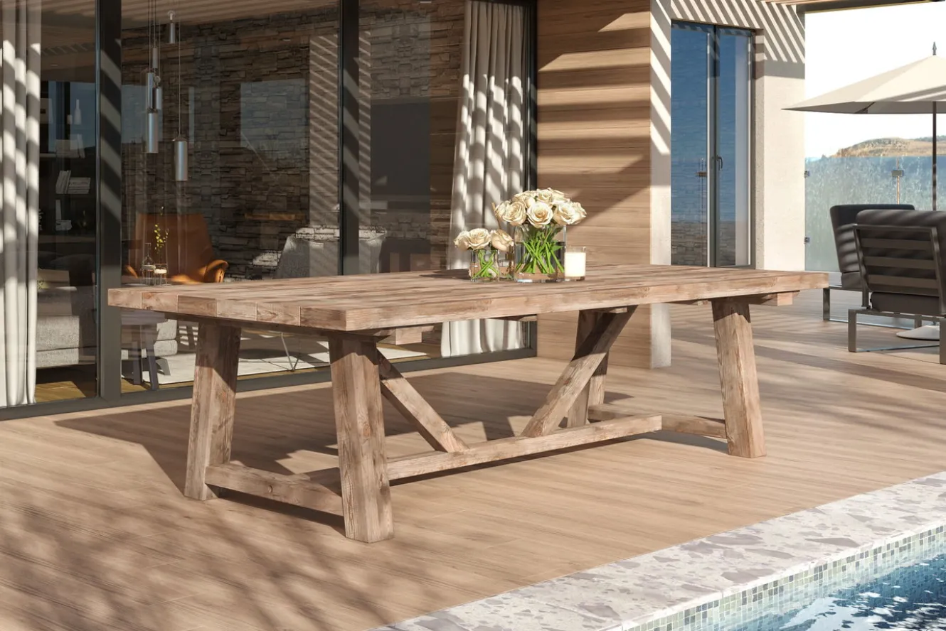 OUTFLEXX Esstisch XXL, natur, recyceltes Teak, 220x110cm, rustikal gebürstet, Tischplattenstärke 4cm, FSC®-zertifiziertes Produkt