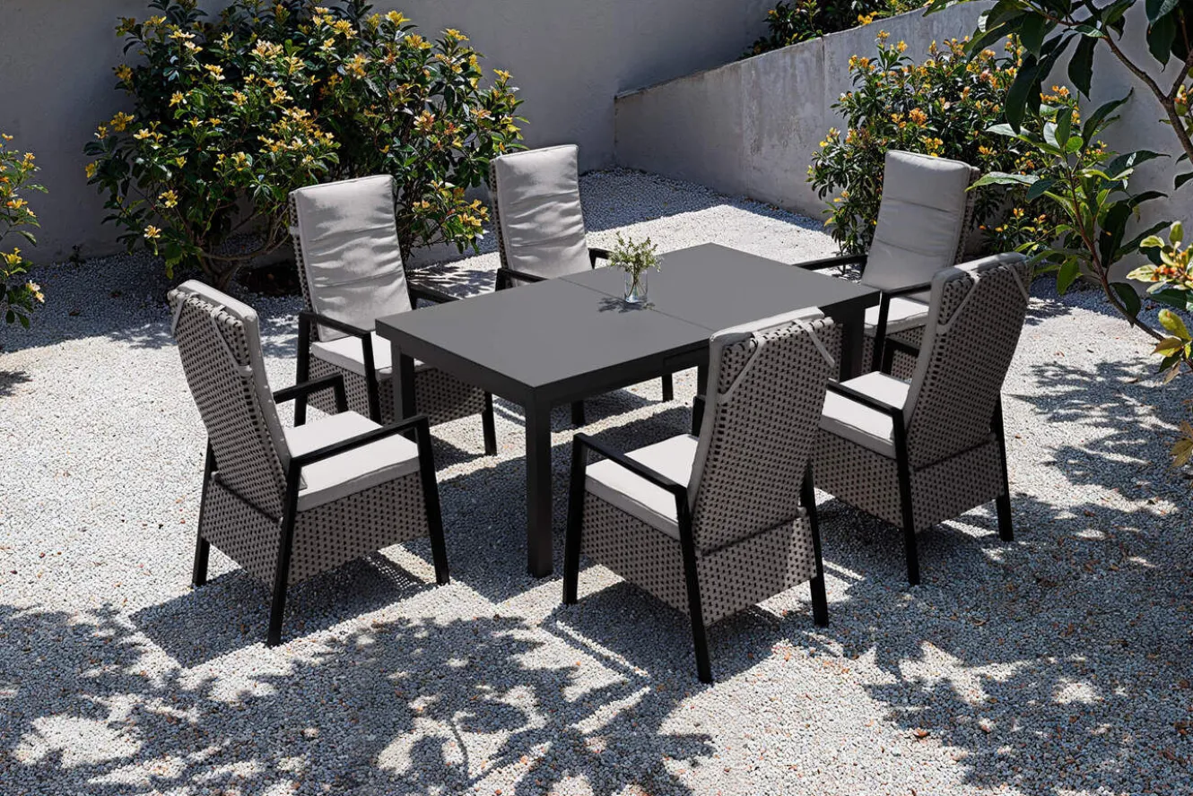 OUTFLEXX Evora Garten-Essgruppe, grau/anthrazit, Alu/Polyrattan, ausziehbare Tischplatte 180/240 x 100 cm, 6 Diningsessel