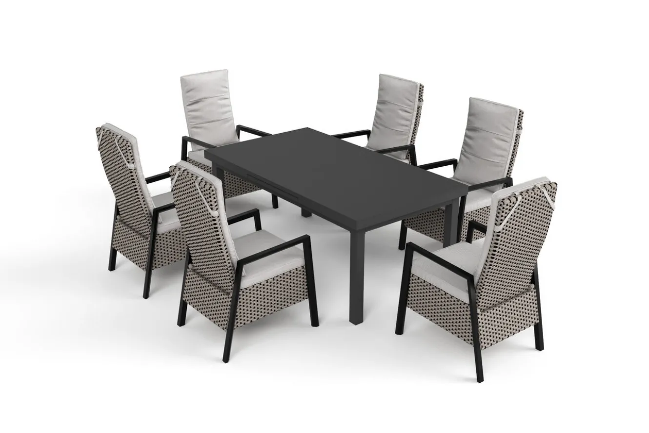 OUTFLEXX Evora Garten-Essgruppe, grau/anthrazit, Alu/Polyrattan, ausziehbare Tischplatte 180/240 x 100 cm, 6 Diningsessel