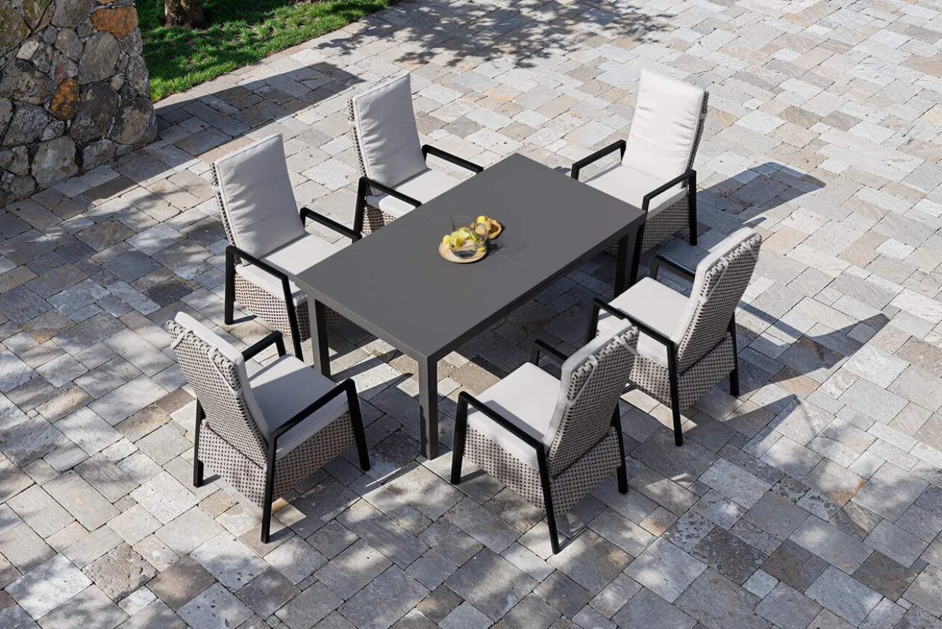 OUTFLEXX Evora Garten-Essgruppe, grau/anthrazit, Alu/Polyrattan, ausziehbare Tischplatte 180/240 x 100 cm, 6 Diningsessel