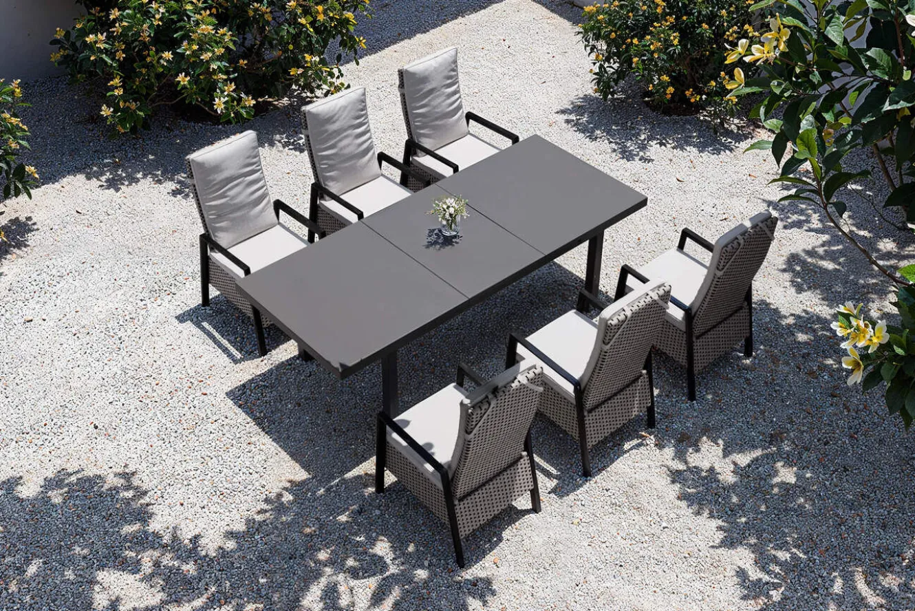 OUTFLEXX Evora Garten-Essgruppe, grau/anthrazit, Alu/Polyrattan, ausziehbare Tischplatte 180/240 x 100 cm, 6 Diningsessel