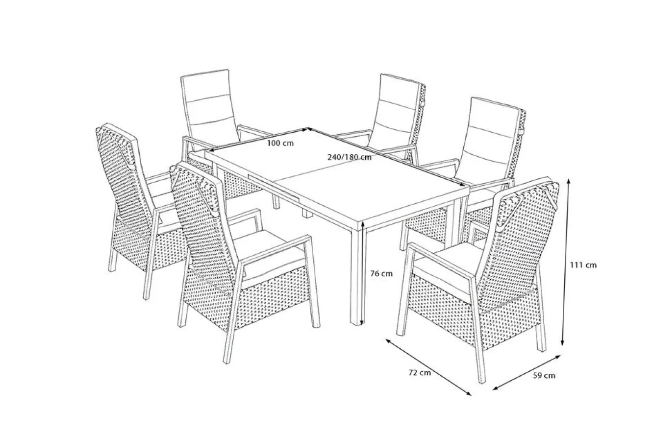 OUTFLEXX Evora Garten-Essgruppe, grau/anthrazit, Alu/Polyrattan, ausziehbare Tischplatte 180/240 x 100 cm, 6 Diningsessel