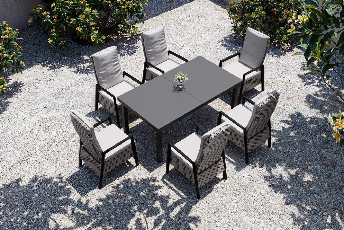 OUTFLEXX Evora Garten-Essgruppe, grau/anthrazit, Alu/Polyrattan, ausziehbare Tischplatte 180/240 x 100 cm, 6 Diningsessel
