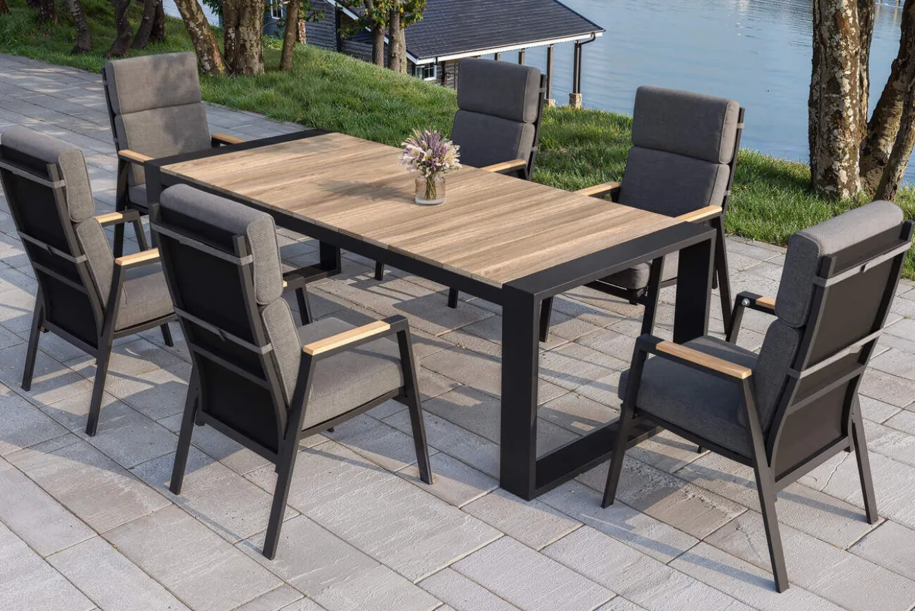 OUTFLEXX Evora Garten-Essgruppe, anthrazit/natur, Alu/Teak/Polyester, 240 x 100 cm, FSC®-zertifiziertes Produkt