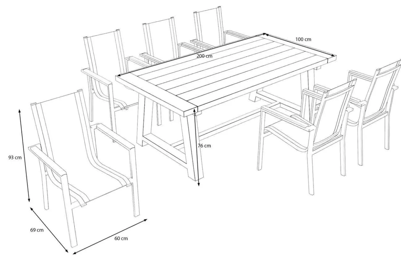 OUTFLEXX Evora Garten-Essgruppe, grau/anthrazit, Alu/Teak/Textilene, 200 x 100 cm, stapelbar, FSC®-zertifiziertes Produkt