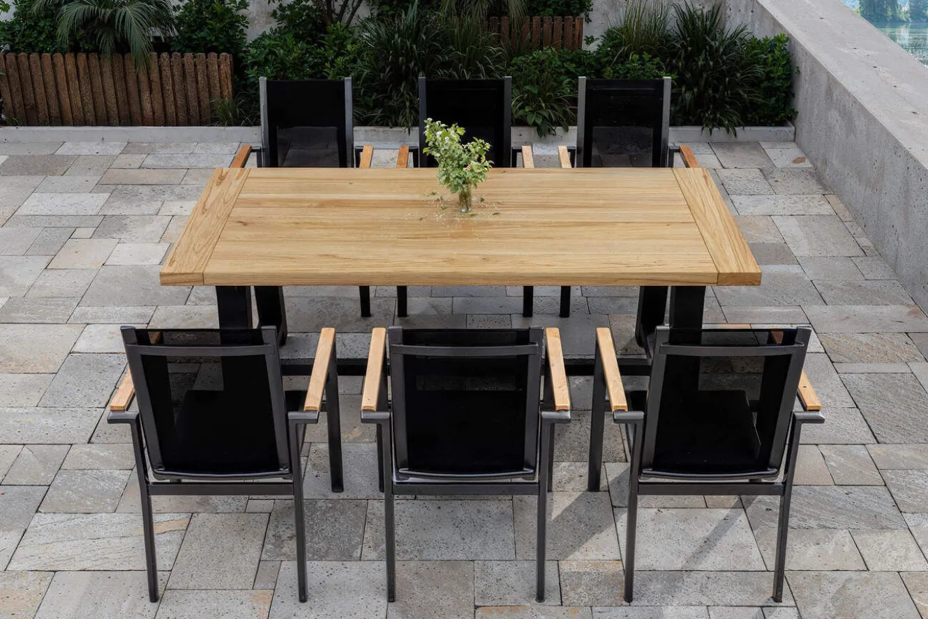OUTFLEXX Evora Garten-Essgruppe, grau/anthrazit, Alu/Teak/Textilene, 200 x 100 cm, stapelbar, FSC®-zertifiziertes Produkt