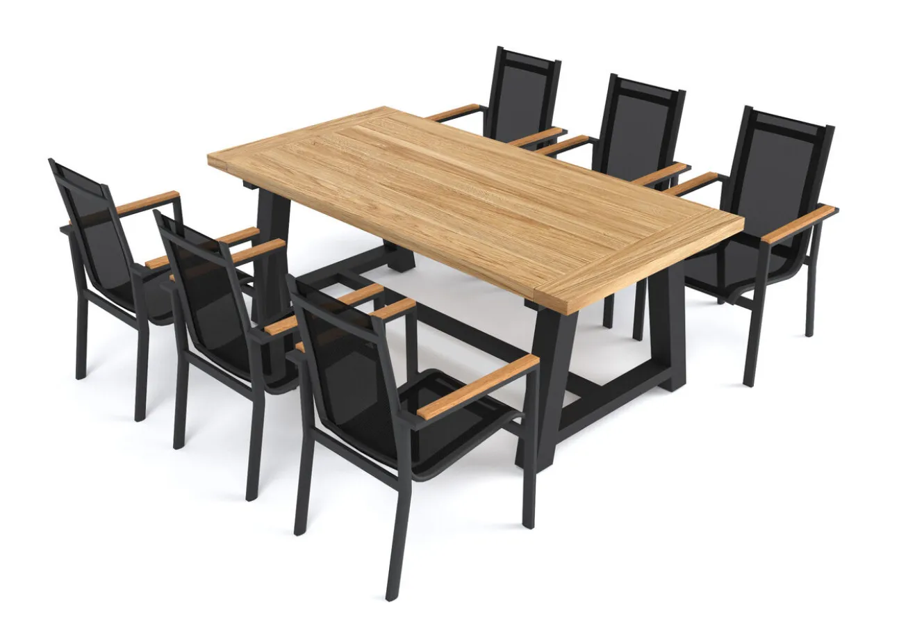 OUTFLEXX Evora Garten-Essgruppe, grau/anthrazit, Alu/Teak/Textilene, 200 x 100 cm, stapelbar, FSC®-zertifiziertes Produkt