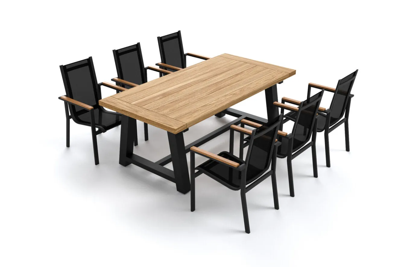 OUTFLEXX Evora Garten-Essgruppe, grau/anthrazit, Alu/Teak/Textilene, 200 x 100 cm, stapelbar, FSC®-zertifiziertes Produkt