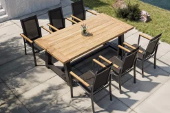 OUTFLEXX Evora Garten-Essgruppe, grau/anthrazit, Alu/Teak/Textilene, 200 x 100 cm, stapelbar, FSC®-zertifiziertes Produkt
