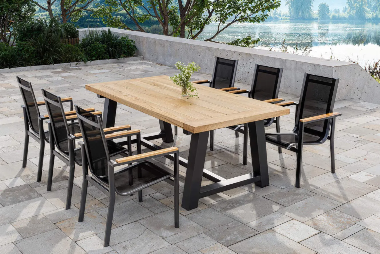 OUTFLEXX Evora Garten-Essgruppe, grau/anthrazit, Alu/Teak/Textilene, 200 x 100 cm, stapelbar, FSC®-zertifiziertes Produkt