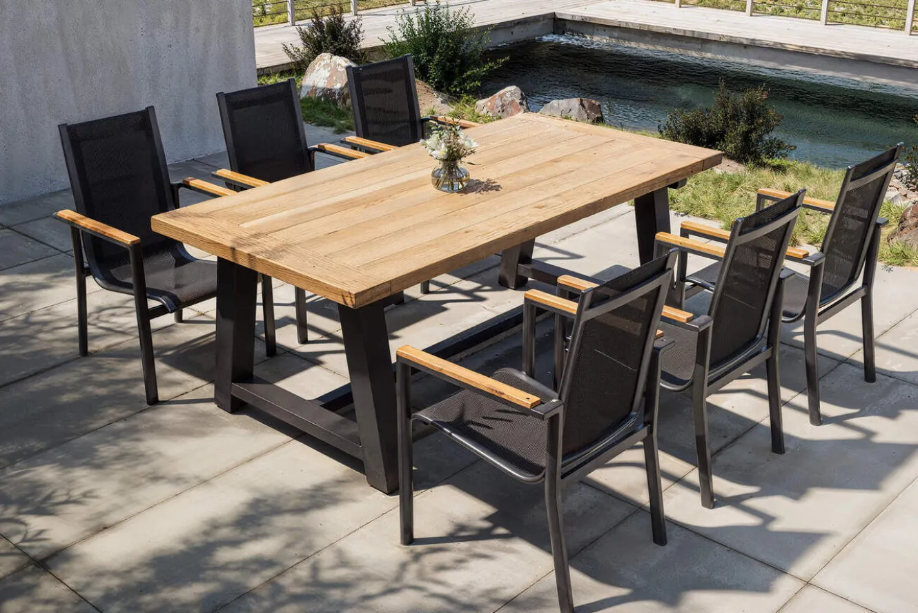 OUTFLEXX Evora Garten-Essgruppe, grau/anthrazit, Alu/Teak/Textilene, 200 x 100 cm, stapelbar, FSC®-zertifiziertes Produkt