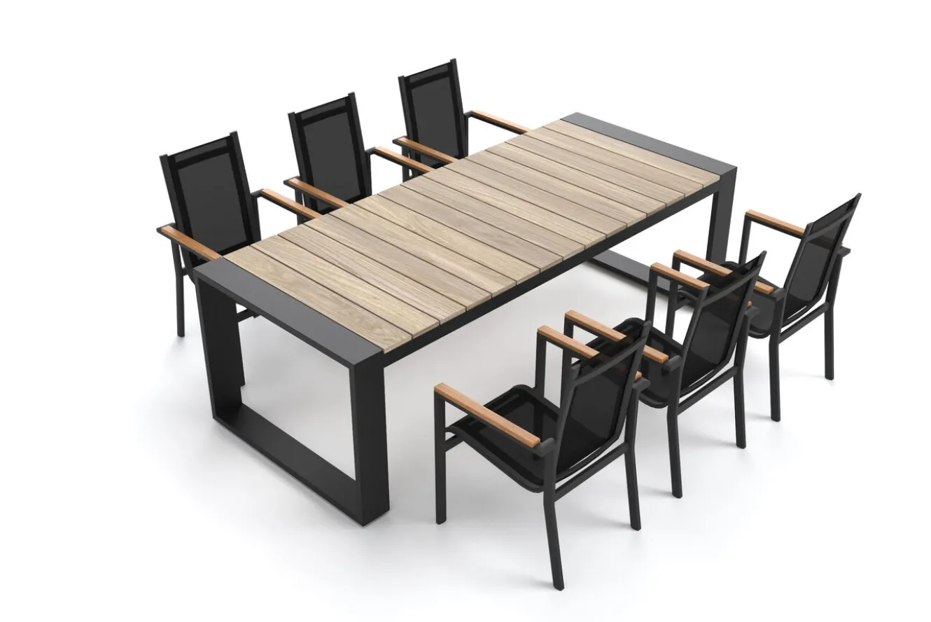 OUTFLEXX Evora Garten-Essgruppe, anthrazit/natur, Aluminium/Teak/Textilene, 240 x 100 cm, FSC®-zertifiziertes Produkt