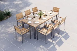 OUTFLEXX Falun Garten-Essgruppe mit 8 Sesseln, braun, Edelstahl/Teakholz, 200 x 100 cm ausziehbar, stapelbar, FSC®-zertifiziertes Produkt
