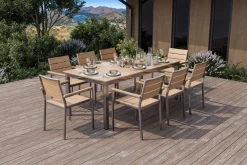 OUTFLEXX Falun Garten-Essgruppe mit 8 Sesseln, braun, Edelstahl/Teakholz, 200 x 100 cm ausziehbar, stapelbar, FSC®-zertifiziertes Produkt