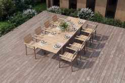 OUTFLEXX Falun Garten-Essgruppe mit 8 Sesseln, braun, Edelstahl/Teakholz, 200 x 100 cm ausziehbar, stapelbar, FSC®-zertifiziertes Produkt