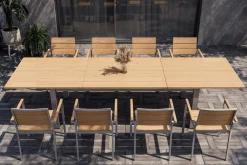 OUTFLEXX Falun Garten-Essgruppe mit 8 Sesseln, braun/silber, Teakholz/Edelstahl, 220/340 x 100 cm, ausziehbar stapelbar FSC®-zertifiziert