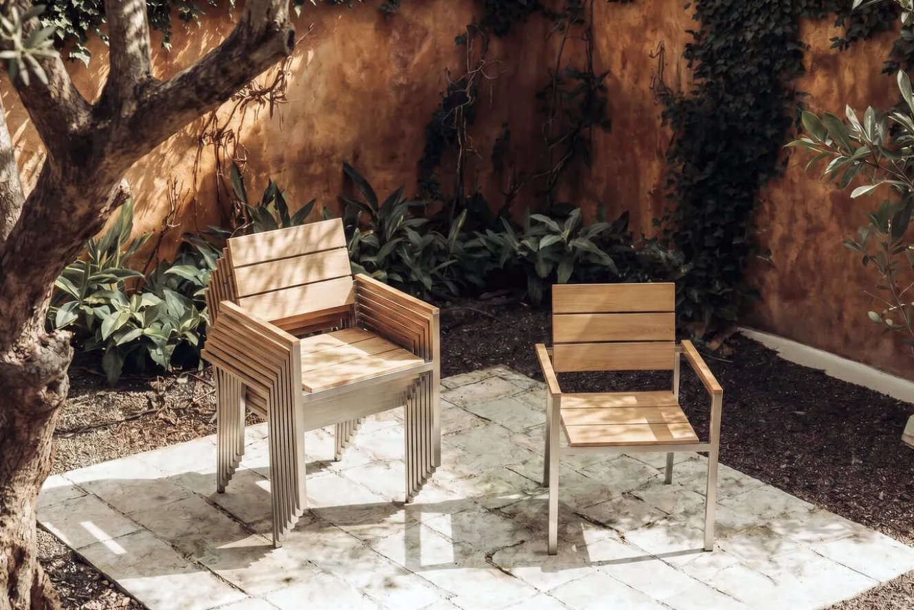 OUTFLEXX Falun Garten-Essgruppe mit 8 Sesseln, braun/silber, Teakholz/Edelstahl, 220/340 x 100 cm, ausziehbar stapelbar FSC®-zertifiziert
