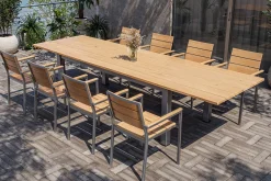 OUTFLEXX Falun Garten-Essgruppe mit 8 Sesseln, braun/silber, Teakholz/Edelstahl, 220/340 x 100 cm, ausziehbar stapelbar FSC®-zertifiziert