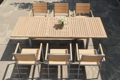 OUTFLEXX Falun Garten-Essgruppe, braun, Teakholz/Edelstahl, Ausziehtisch 180/240 x 100 cm, inkl. 6 Stapelsessel, FSC®-zertifiziertes Produkt