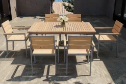OUTFLEXX Falun Garten-Essgruppe, braun, Teakholz/Edelstahl, Ausziehtisch 180/240 x 100 cm, inkl. 6 Stapelsessel, FSC®-zertifiziertes Produkt