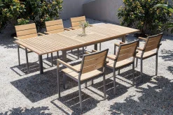 OUTFLEXX Falun Garten-Essgruppe, braun, Teakholz/Edelstahl, Ausziehtisch 180/240 x 100 cm, inkl. 6 Stapelsessel, FSC®-zertifiziertes Produkt