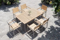 OUTFLEXX Falun Garten-Essgruppe, braun, Teakholz/Edelstahl, Ausziehtisch 180/240 x 100 cm, inkl. 6 Stapelsessel, FSC®-zertifiziertes Produkt