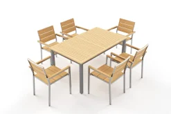 OUTFLEXX Falun Garten-Essgruppe, braun, Teakholz/Edelstahl, Ausziehtisch 180/240 x 100 cm, inkl. 6 Stapelsessel, FSC®-zertifiziertes Produkt