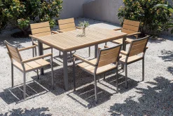 OUTFLEXX Falun Garten-Essgruppe, braun, Teakholz/Edelstahl, Ausziehtisch 180/240 x 100 cm, inkl. 6 Stapelsessel, FSC®-zertifiziertes Produkt