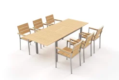 OUTFLEXX Falun Garten-Essgruppe, braun, Teakholz/Edelstahl, Ausziehtisch 180/240 x 100 cm, inkl. 6 Stapelsessel, FSC®-zertifiziertes Produkt