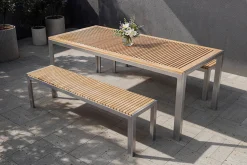 OUTFLEXX Falun Garten-Essgruppe, braun, Edelstahl/Teakholz, 200 x 90 cm Tisch mit 2 Bänken 160 x 38 cm