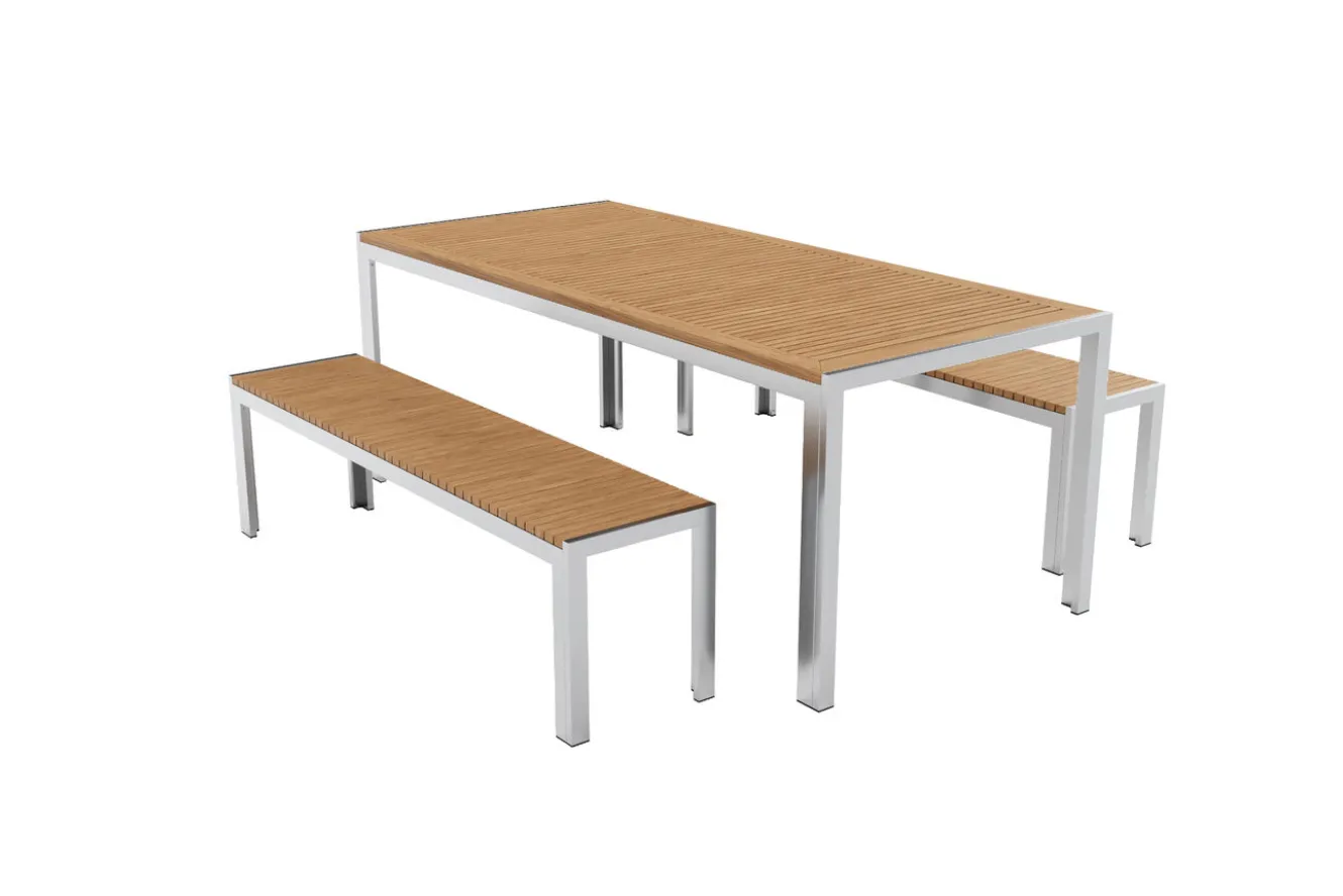 OUTFLEXX Falun Garten-Essgruppe, braun, Edelstahl/Teakholz, 200 x 90 cm Tisch mit 2 Bänken 160 x 38 cm
