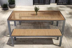 OUTFLEXX Falun Garten-Essgruppe, braun, Edelstahl/Teakholz, 200 x 90 cm Tisch mit 2 Bänken 160 x 38 cm