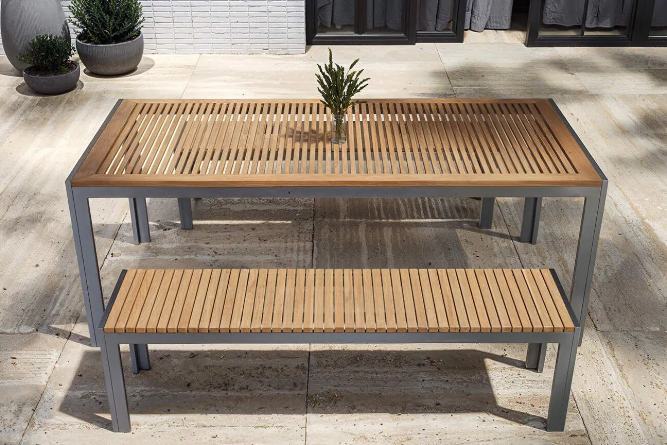 OUTFLEXX Falun Garten-Essgruppe, braun, Edelstahl/Teakholz, 200 x 90 cm Tisch mit 2 Bänken 160 x 38 cm