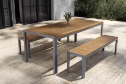 OUTFLEXX Falun Garten-Essgruppe, braun, Edelstahl/Teakholz, 200 x 90 cm Tisch mit 2 Bänken 160 x 38 cm