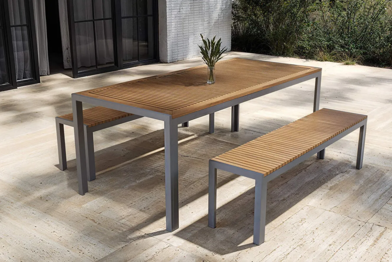 OUTFLEXX Falun Garten-Essgruppe, braun, Edelstahl/Teakholz, 200 x 90 cm Tisch mit 2 Bänken 160 x 38 cm