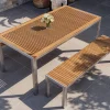 OUTFLEXX Falun Garten-Essgruppe, braun/silber, Edelstahl/Teakholz, 180 x 90 cm Tisch und 2 Bänke 160 x 38 cm