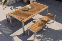 OUTFLEXX Falun Garten-Essgruppe, braun/silber, Edelstahl/Teakholz, 180 x 90 cm Tisch und 2 Bänke 160 x 38 cm