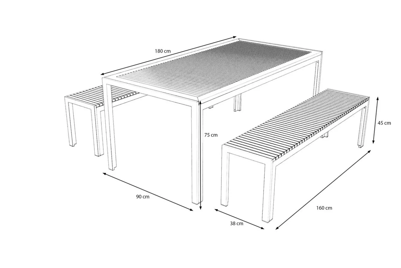 OUTFLEXX Falun Garten-Essgruppe, braun/silber, Edelstahl/Teakholz, 180 x 90 cm Tisch und 2 Bänke 160 x 38 cm