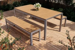 OUTFLEXX Falun Garten-Essgruppe, braun/silber, Edelstahl/Teakholz, 180 x 90 cm Tisch und 2 Bänke 160 x 38 cm