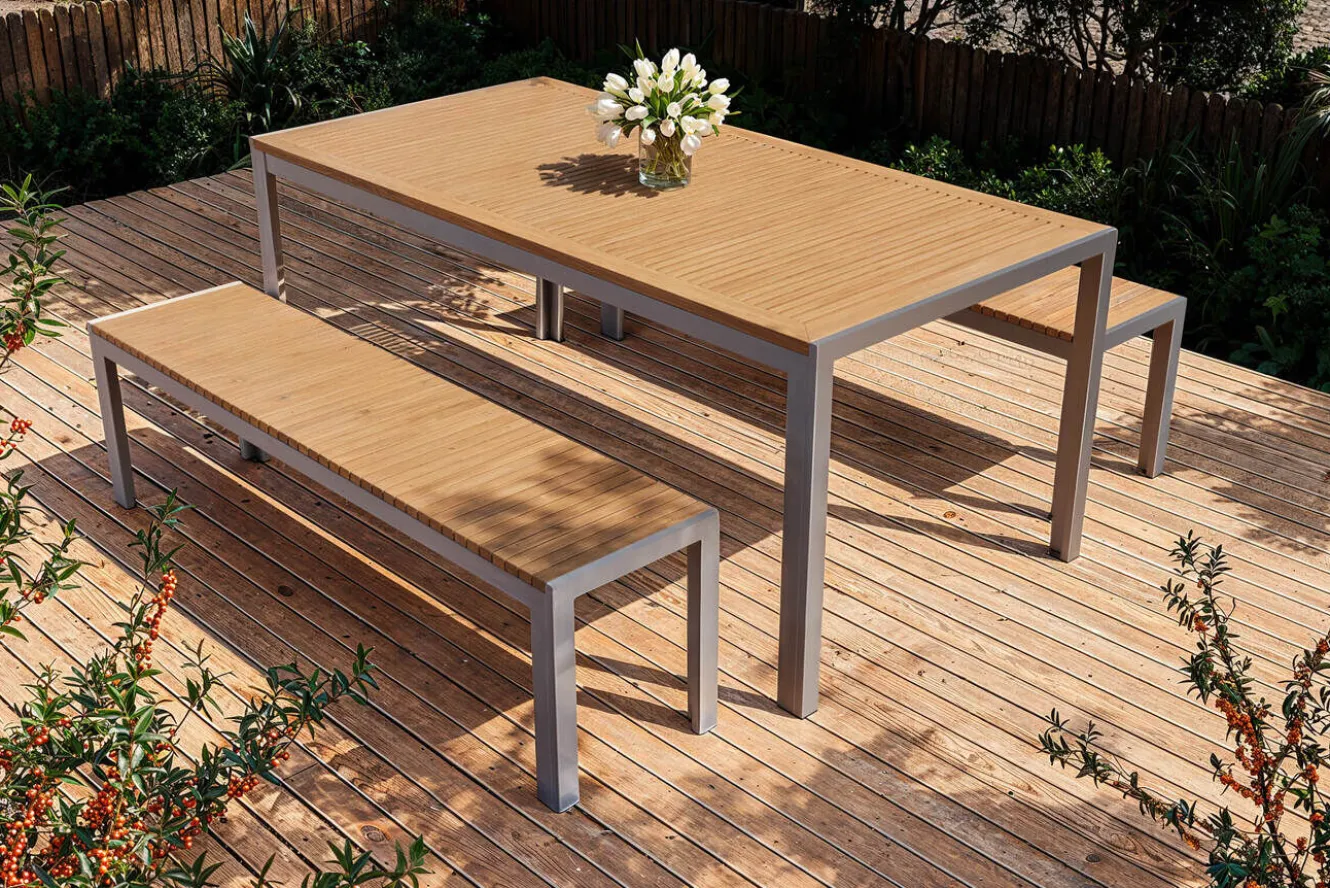 OUTFLEXX Falun Garten-Essgruppe, braun/silber, Edelstahl/Teakholz, 180 x 90 cm Tisch und 2 Bänke 160 x 38 cm