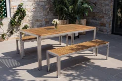 OUTFLEXX Falun Garten-Essgruppe, braun/silber, Edelstahl/Teakholz, 180 x 90 cm Tisch und 2 Bänke 160 x 38 cm