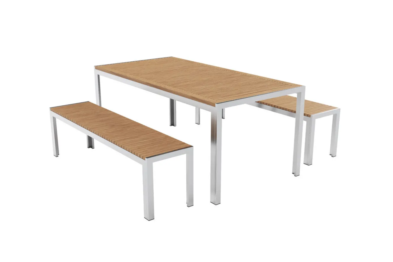 OUTFLEXX Falun Garten-Essgruppe, braun/silber, Edelstahl/Teakholz, 180 x 90 cm Tisch und 2 Bänke 160 x 38 cm