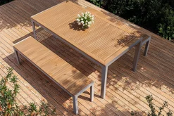 OUTFLEXX Falun Garten-Essgruppe, braun/silber, Edelstahl/Teakholz, 180 x 90 cm Tisch und 2 Bänke 160 x 38 cm