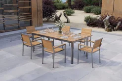 OUTFLEXX Falun Garten-Essgruppe mit 6 Sesseln, braun, Edelstahl/Teakholz, 200 x 100 cm ausziehbar, stapelbar, FSC®-zertifiziertes Produkt