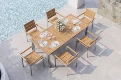OUTFLEXX Falun Garten-Essgruppe mit 6 Sesseln, braun, Edelstahl/Teakholz, 200 x 100 cm ausziehbar, stapelbar, FSC®-zertifiziertes Produkt